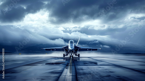 A fighter jet positioned on a runway under a stormy sky with dramatic clouds and mountain backdrop.