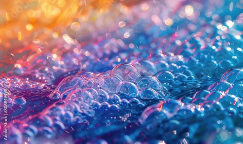 Colored water and foam bubbles, abstract background