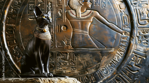 Elegant black sphynx cat wearing a golden collar in front of ancient Egyptian relief.