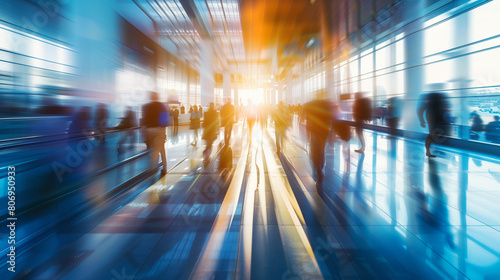 Blurred motion of busy people walking in a modern sunlit terminal with reflective floors.