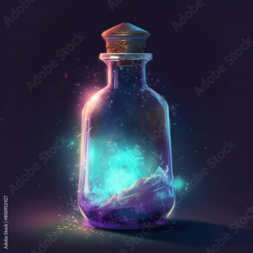 magic potion bottle with blue glowing elixir generative ai