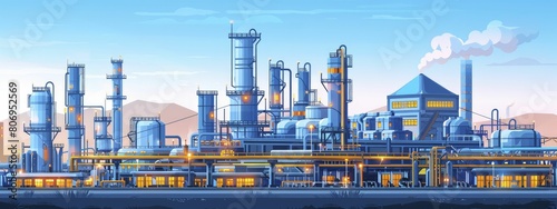 detailed clean line art of an oil refinery complex, perfect for enhancing technical training resources.