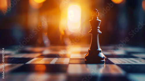 Close-up of a king chess piece on a chessboard with a warm, blurred background and bokeh lights.