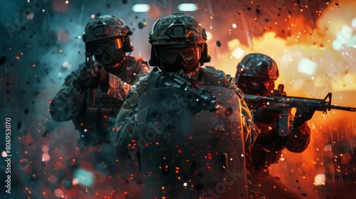 Three soldiers are standing in front of a wall of fire