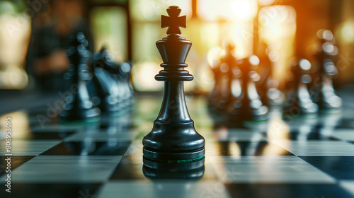 Close-up of a black king chess piece on a glossy board with other pieces blurred in the background.