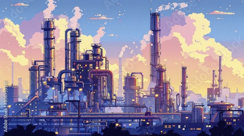 Detailed Industrial Structures of Oil Refinery in Vector Style for Technology Articles