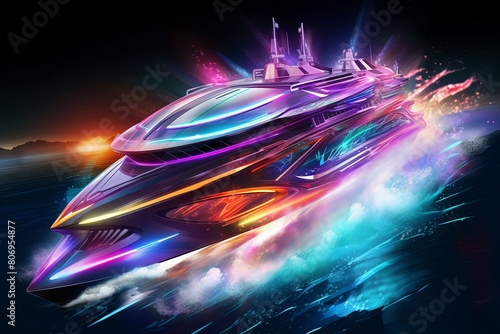 Illustration of a high speed boat or ship sailing through sea water near harbor city at night with the neon light of speedy movement. Generative AI.