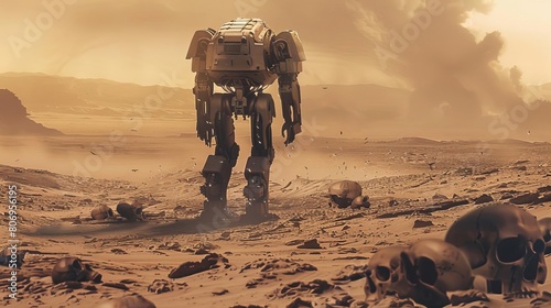 apocalyptic robot standing in desolate desert with skulls dystopian science fiction book cover illustration ai takeover concept art