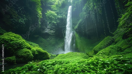 A lush green forest with a waterfall in the background. The waterfall is surrounded by moss and plants, creating a serene and peaceful atmosphere