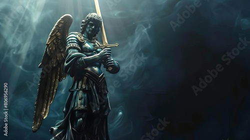 archangel michael statue with sword on dramatic black background digital illustration