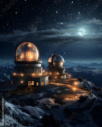 Astronomical Observatory in the mountains at night. 3d rendering