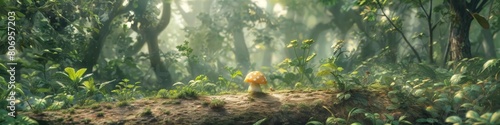 Lonely little fly mushroom in the forest in a clearing. Forest on the background. Digital painting style. Background, banner, poster, advertisement and other design. Ultra wide. Copy space