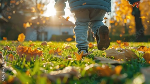 Close up of child running on green grass and leaves to house. Child playing on garden backyard