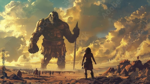 david confronting the giant goliath in ancient battlefield digital painting