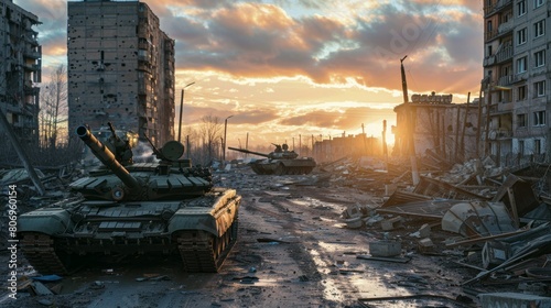 A war zone with tanks and rubble