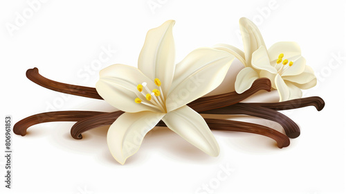 Illustration of white vanilla flowers and vanilla pods on a light background.