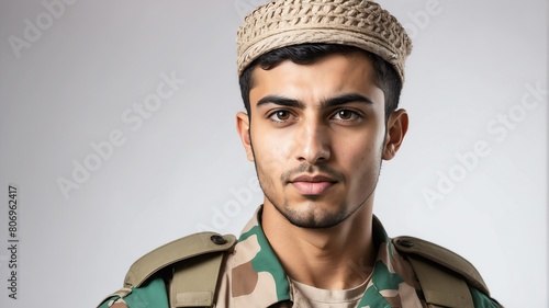 young arab military man studio portrait on plain white background from Generative AI