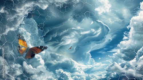 Tempestuous sky with swirling liquid formations, hexagonal air patterns, and a daring butterfly.