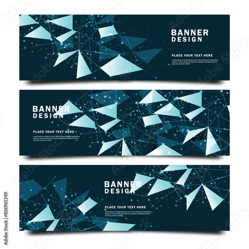 Banners set with wireframe mesh polygonal elements. Connected lines and dots. Connection Structure. Geometric Modern Technology Concept