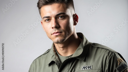 young military man studio portrait on plain white background from Generative AI