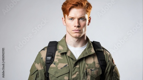 young redhead military man studio portrait on plain white background from Generative AI