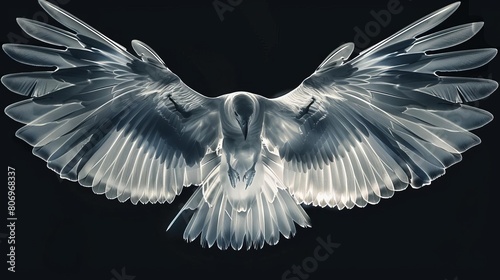 X-ray of a birds wingspan, showing fine bone structure and feather alignment in high detail