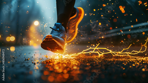 Dynamic close-up of a runner's shoes on a wet surface, with sparkling and fiery effects.