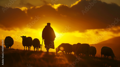 Silhouette of a shepherd with sheep grazing on a hill during a vivid sunset.