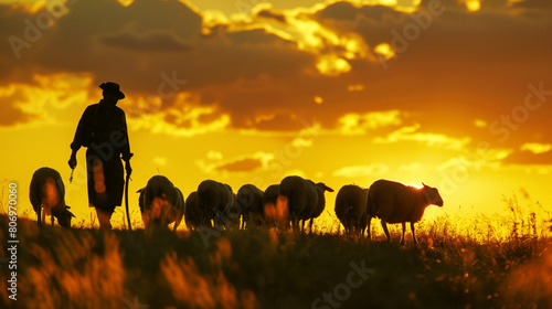 A shepherd in traditional clothing herding sheep against a vivid sunset in a rural landscape.