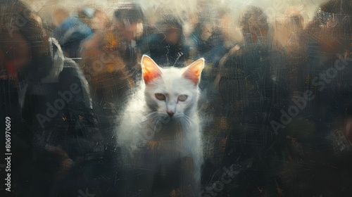 Artistic close-up portrait capturing a lone white cat in a crowd, standing out boldly, illustrating the courage to be different and lead