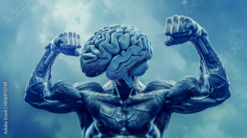 A conceptual image of a muscular person with a brain for a head flexing biceps in a dramatic pose.