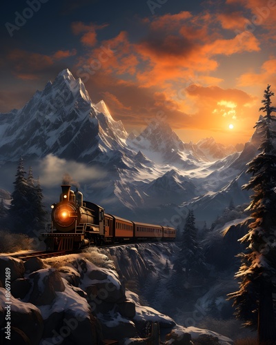 Steam locomotive in the mountains at sunset. 3D Rendering