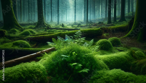 A serene forest scene capturing the vibrant and lush undergrowth of a dense woodland. The focus is on a cluster of small ferns