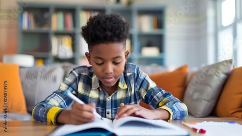 africanamerican boy doing homework at living room table home learning concept