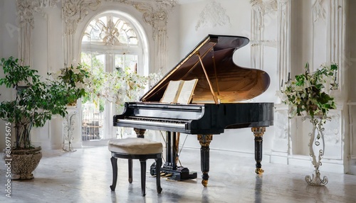  綺麗な白い部屋に置かれた、グランドピアノ
