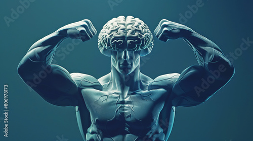 Illustration of a muscular figure with a brain as the head flexing biceps on a gray background.