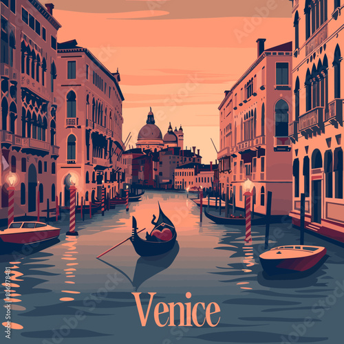 Venice is a city with a lot of canals and boats. The water is calm and the sky is orange