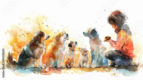 Create a heartwarming watercolor illustration of a child gently feeding treats to a group of obedient dogs