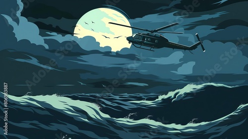 Dramatic scene of a helicopter executing a daring nighttime rescue over a stormlashed ocean