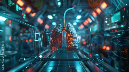 A pair of lungs sit on a conveyor belt in a futuristic laboratory. The lungs are being scanned by a machine.