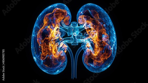 3D illustration of human kidneys. Urinary system.Shen Zang no3Dirasuto. Niao Lu Xi .