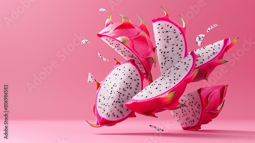 Conceptual art poster depicting dragon fruit segments in a levitating, orderly fashion with a crisp, minimalist background