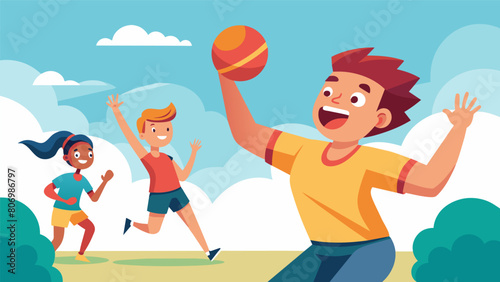 Laughter and cheers can be heard as a wellp throw knocks out an opponent in the outdoor dodgeball league.. Vector illustration