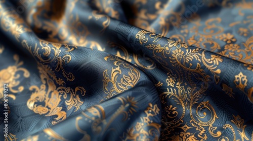 Classical brocade pattern in indigo and soft gold on a silk texture.