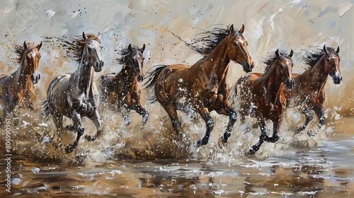 herd of horses galloping across shallow lake splashing water majestic animals in natural habitat equine art