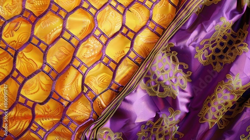 Golden yellow background featuring royal purple lattice in a brocade style.