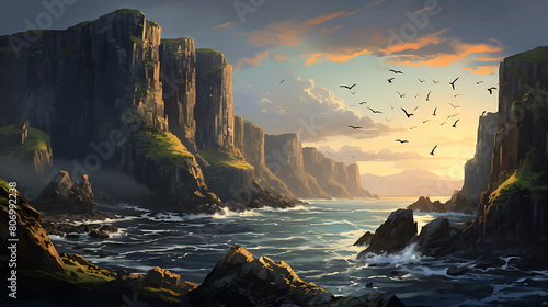 Craggy Cliffs: Depict seabirds nesting on rugged coastal ledges.