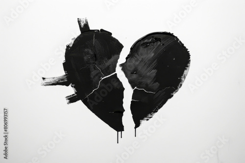 Minimalistic art of a heart painted in black, split down the middle, set against a clean white background, portraying themes of heartbreak and separation