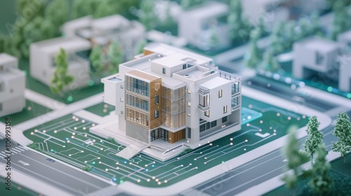 A meticulously crafted scale model of a contemporary apartment complex as part of an urban planning exhibit.