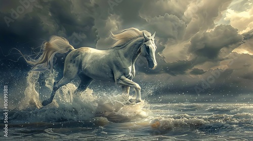 majestic white horse galloping on water dramatic stormy background powerful equine art digital painting
